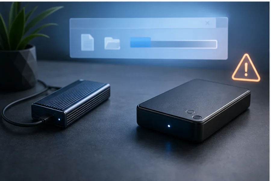Transfert de fichiers interrompu avec SSD externe et symbole d’avertissement abstrait
