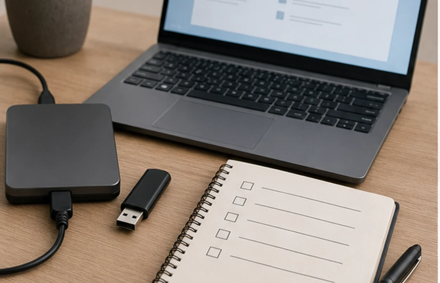 checklist de réinstallation avec ordinateur disque externe et clé USB