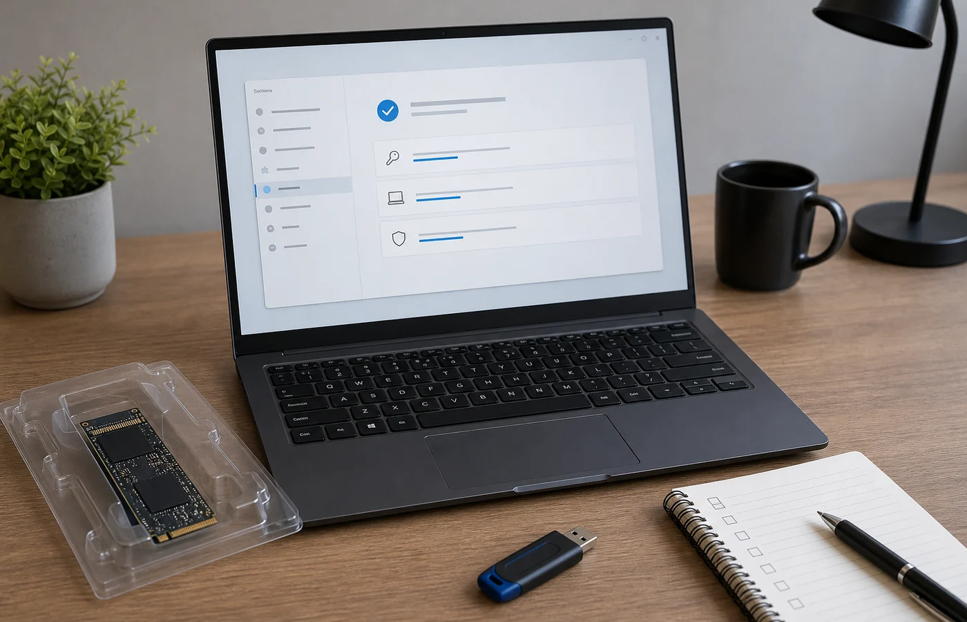 ordinateur Windows avec SSD de remplacement et checklist de réinstallation