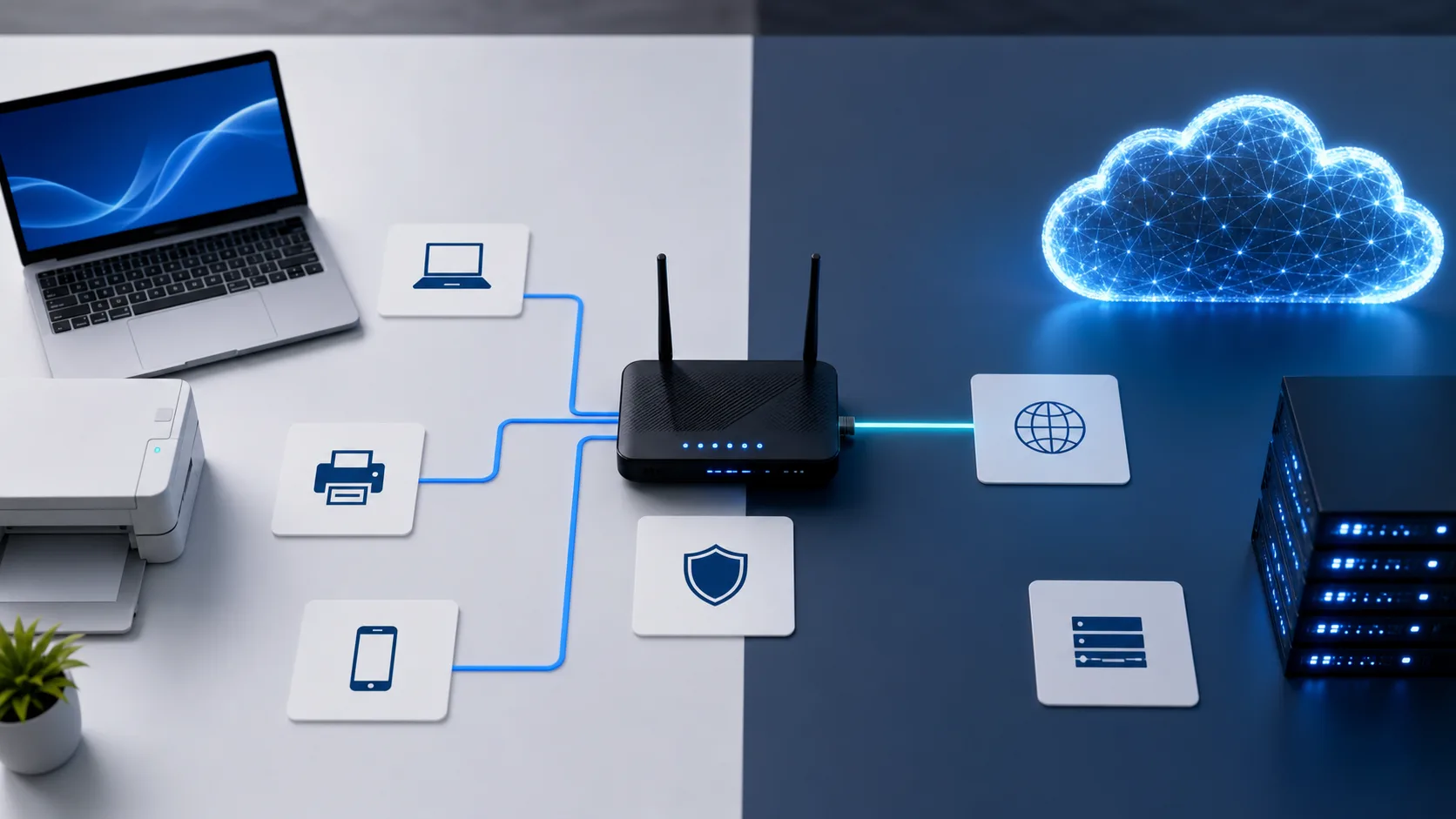 Routeur séparant les appareils du réseau local privé et le cloud Internet public