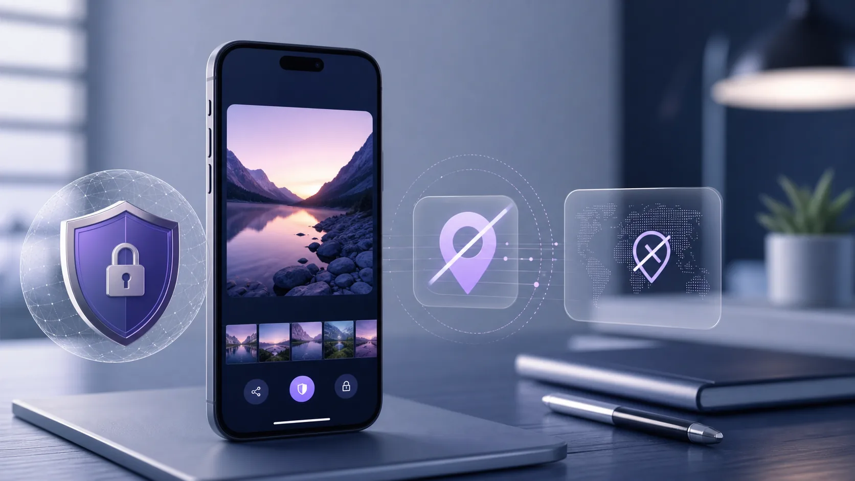 Smartphone avec icônes de localisation masquée et bouclier de confidentialité