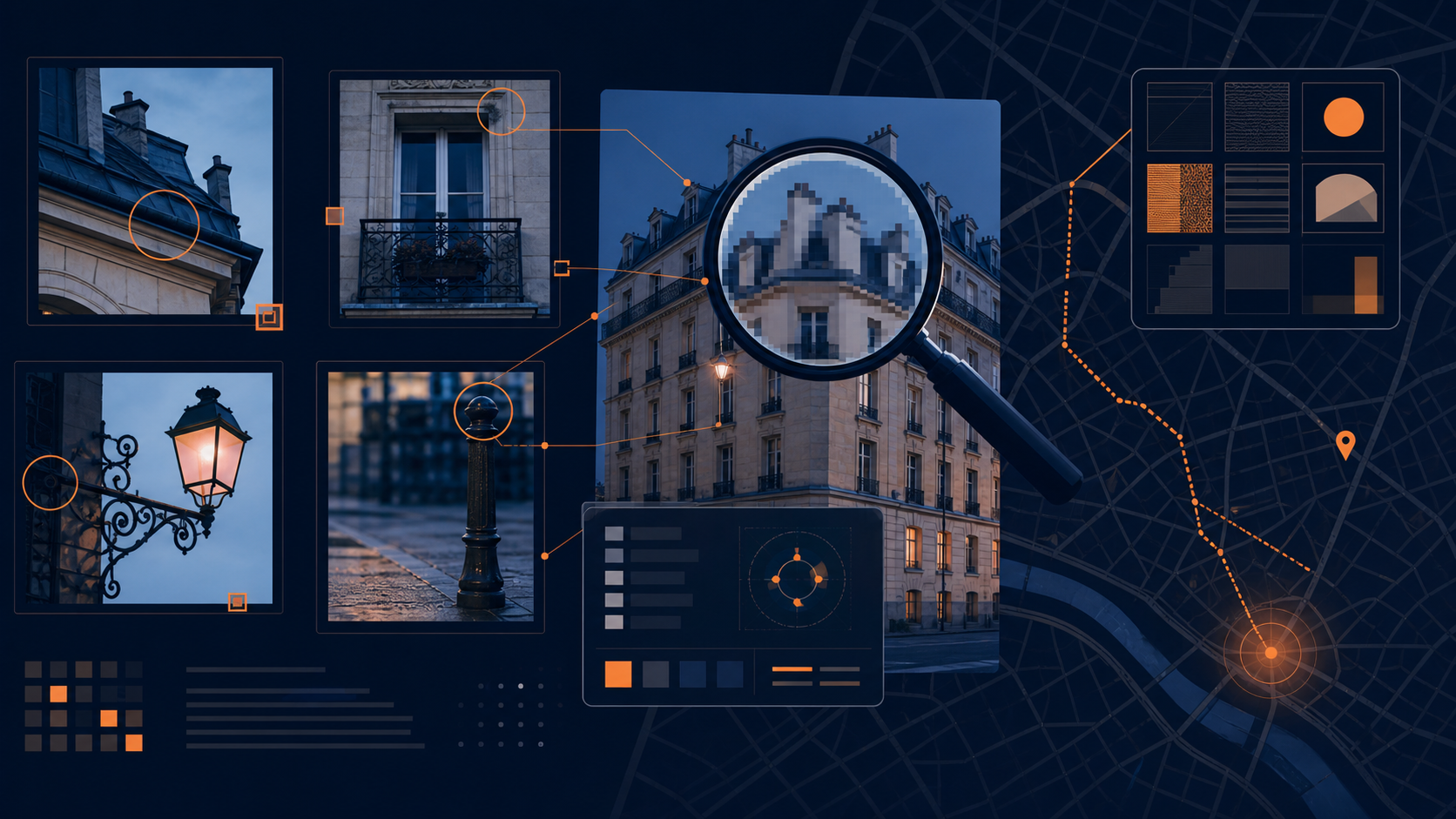 Recherche visuelle avec loupe, vignettes photo et carte urbaine stylisée
