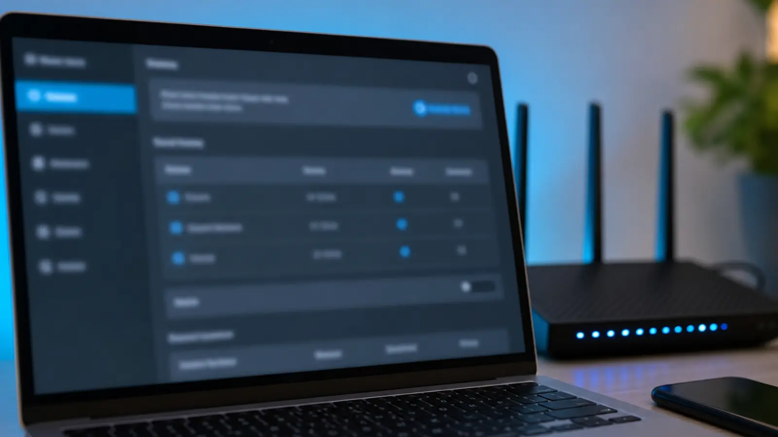 Interface routeur floutée montrant une liste d appareils connectés