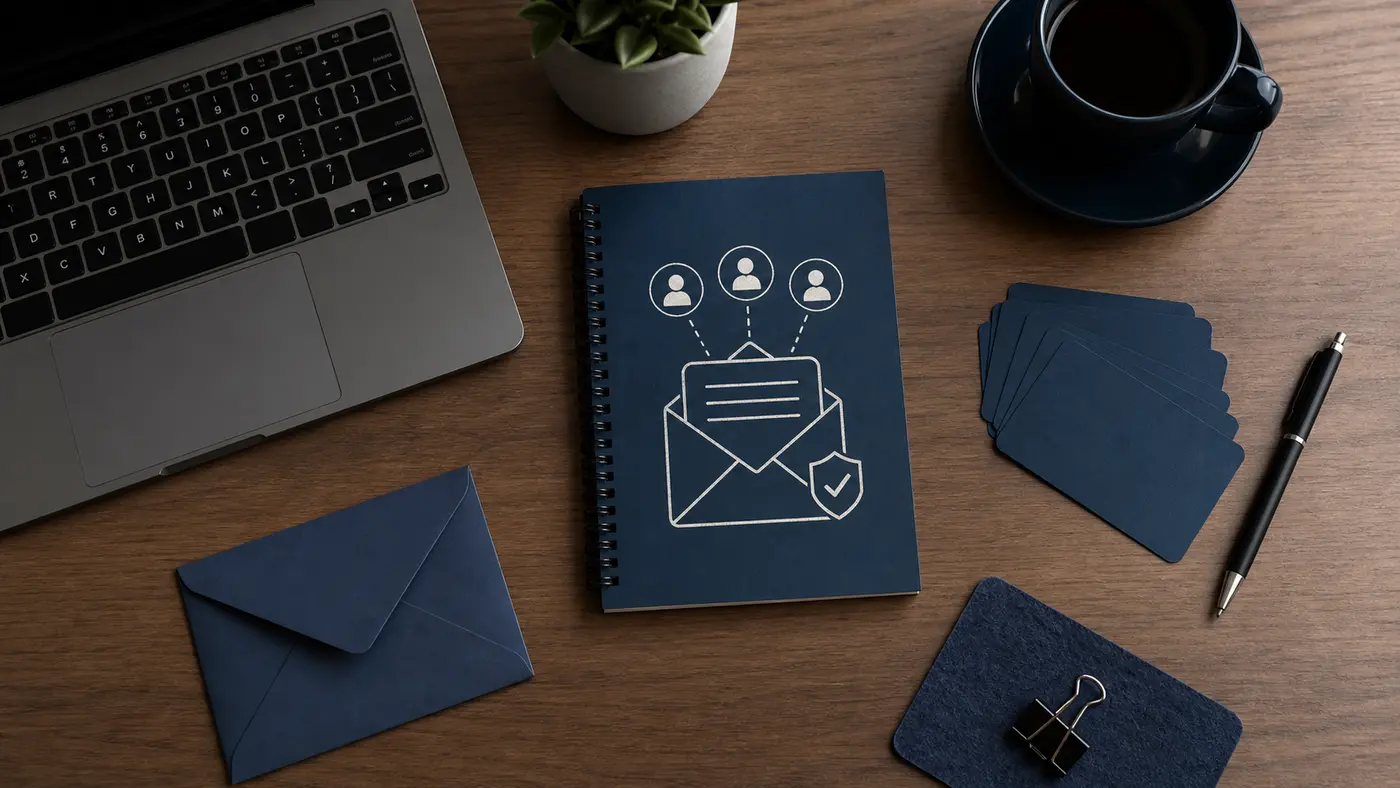 bureau avec carnet illustrant une liste d’e-mail protégée