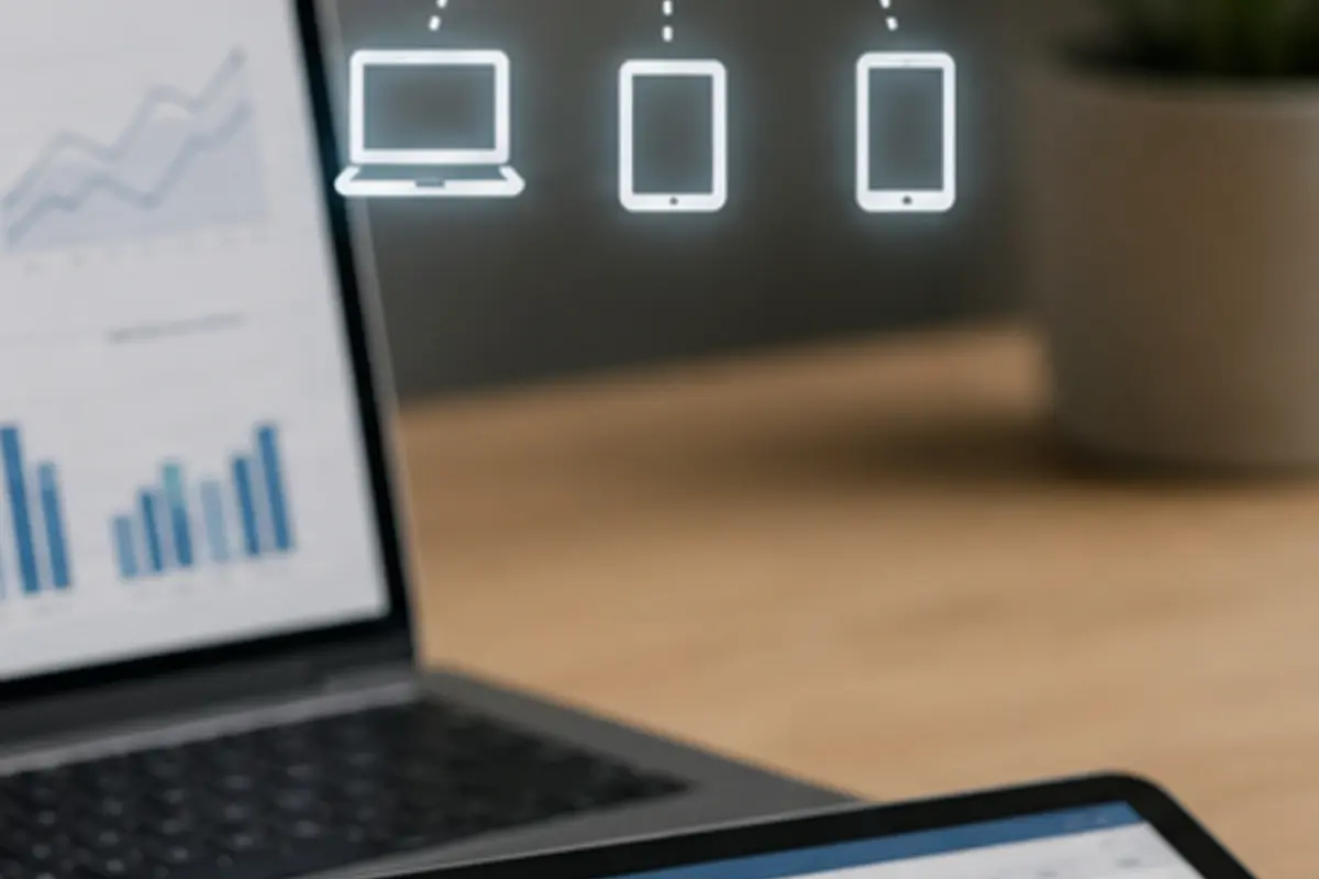 Plusieurs appareils reliés à un espace cloud dans un environnement de travail