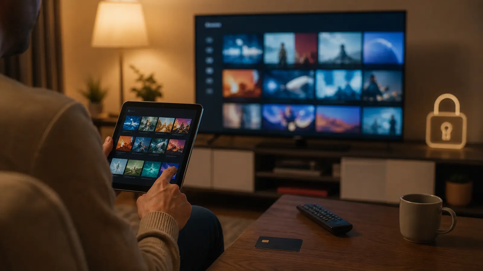 Personne choisissant un service de streaming légal générique sur tablette et télévision
