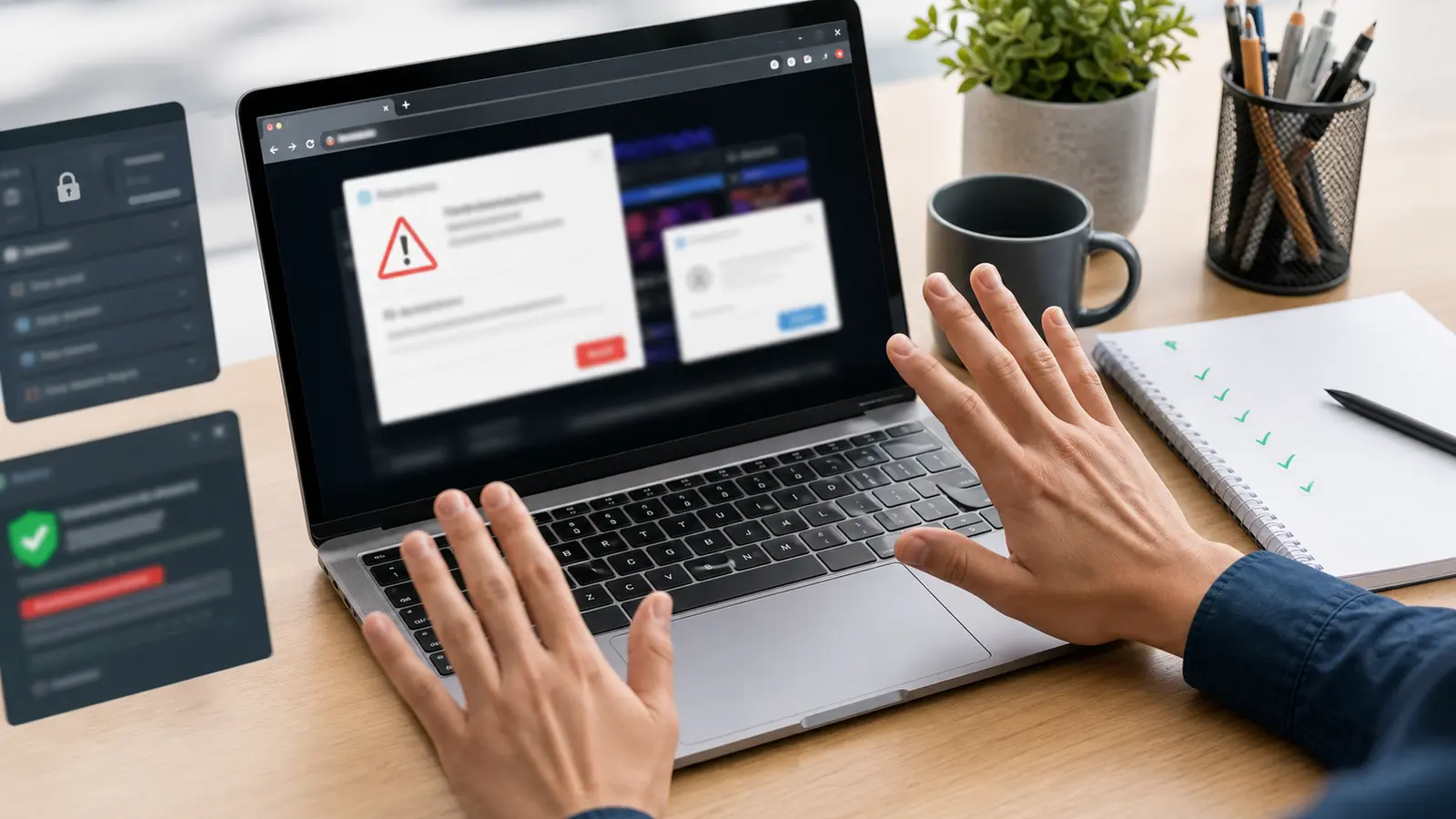 Mains refusant de cliquer sur des fenêtres suspectes autour d’un site de streaming générique