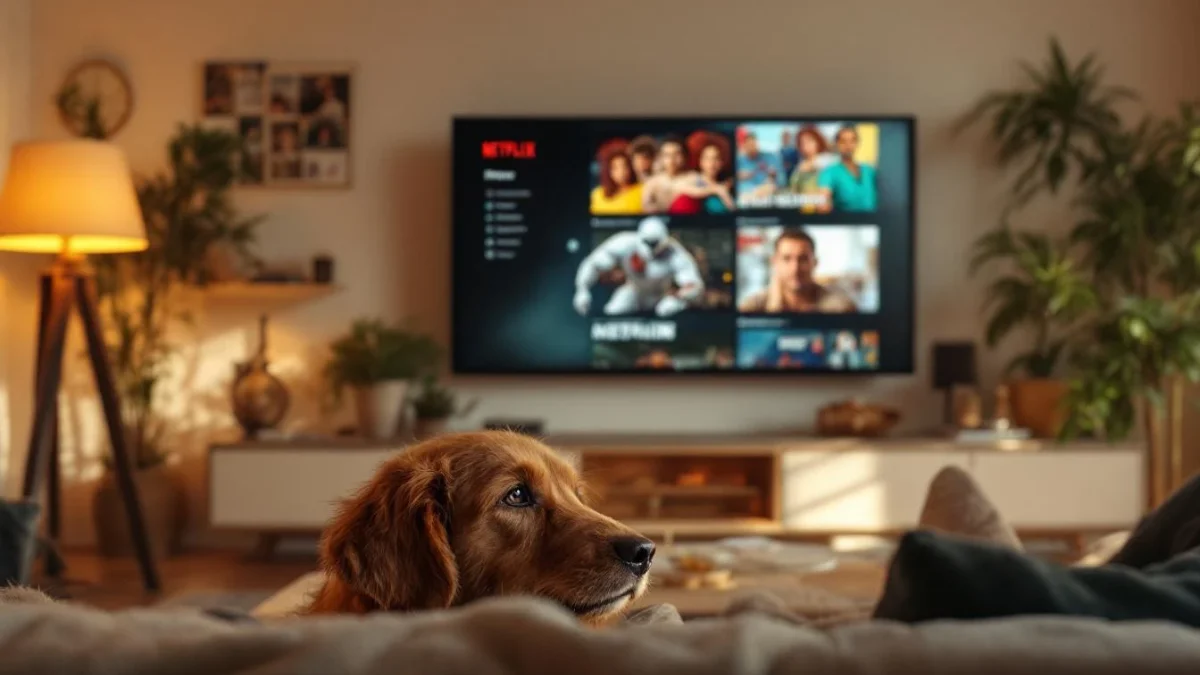 Salon avec écran de streaming et bol de pop-corn