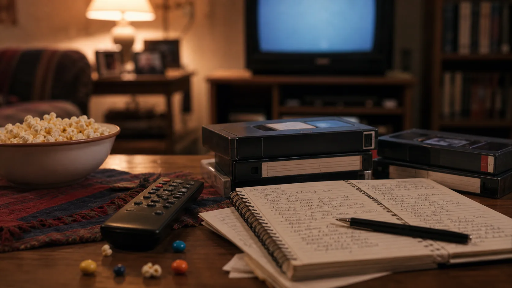 Table basse avec télécommande, cassettes VHS et notes d’épisodes