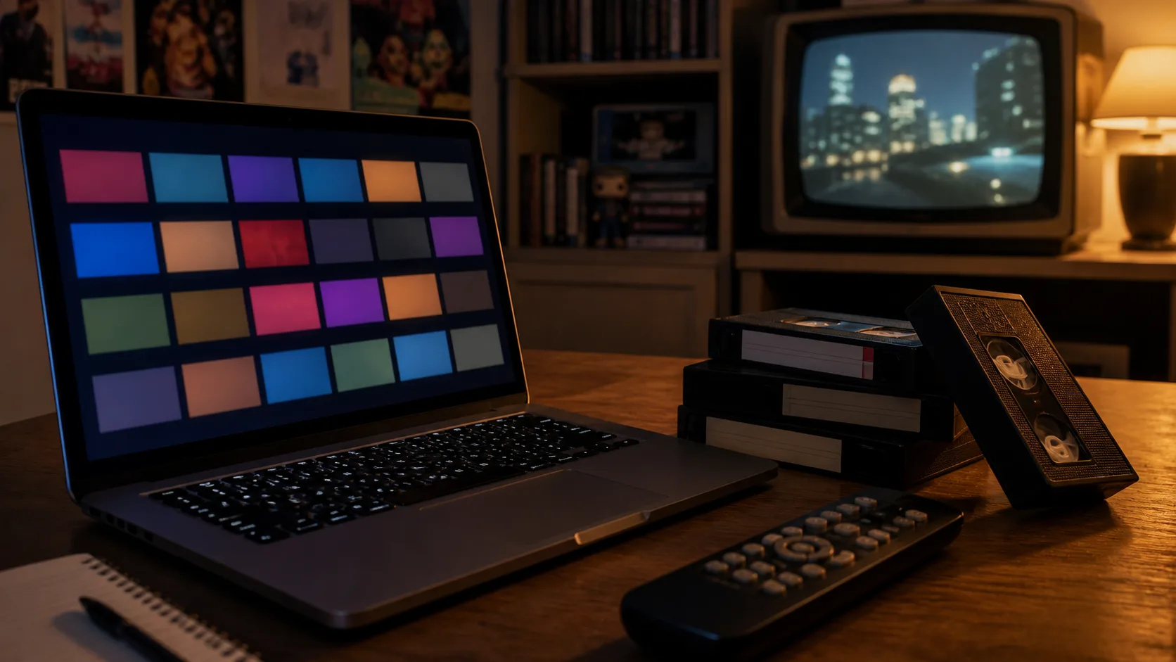 Ordinateur moderne avec grille vidéo générique près de vieilles cassettes VHS