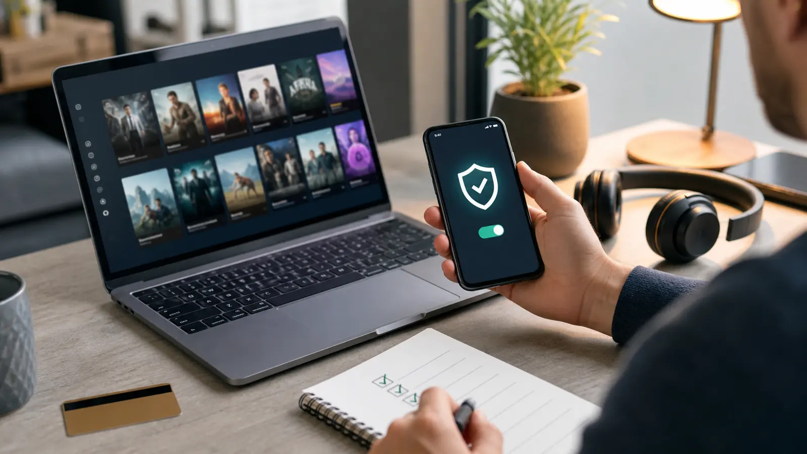 Personne choisissant une offre de streaming légale et vérifiant la sécurité de son téléphone