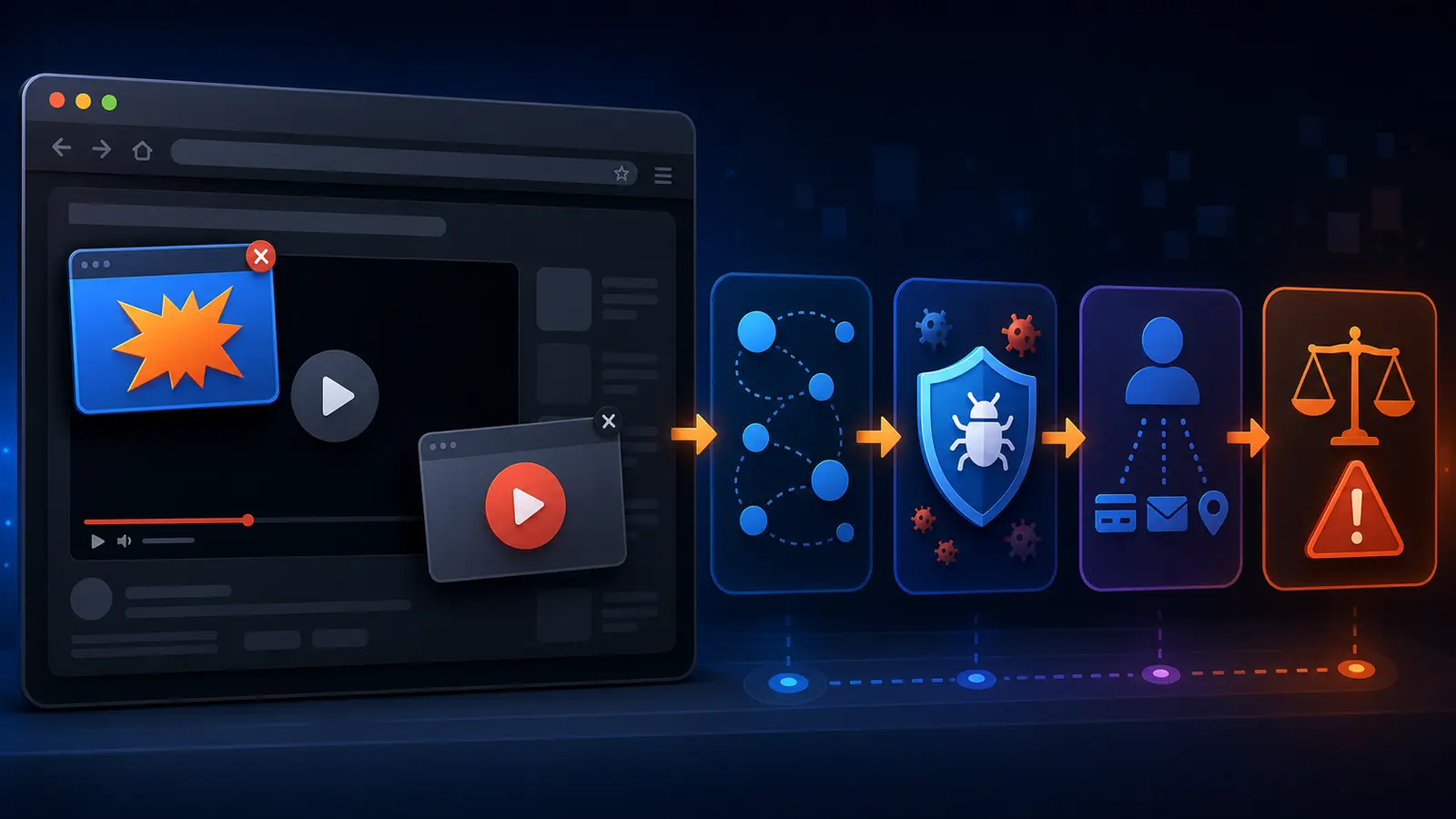 Schéma visuel des risques liés aux sites de streaming illégaux avec publicité, pistage et malware