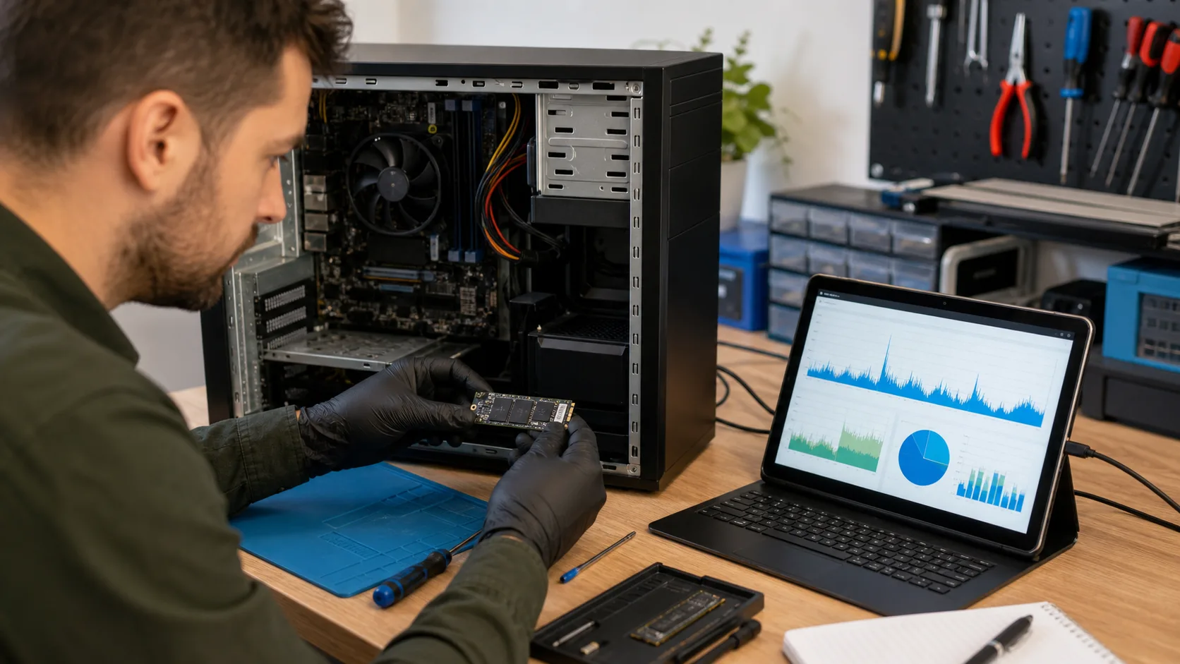 Technicien contrôlant un SSD NVMe dans une tour PC avec graphiques de diagnostic sur tablette