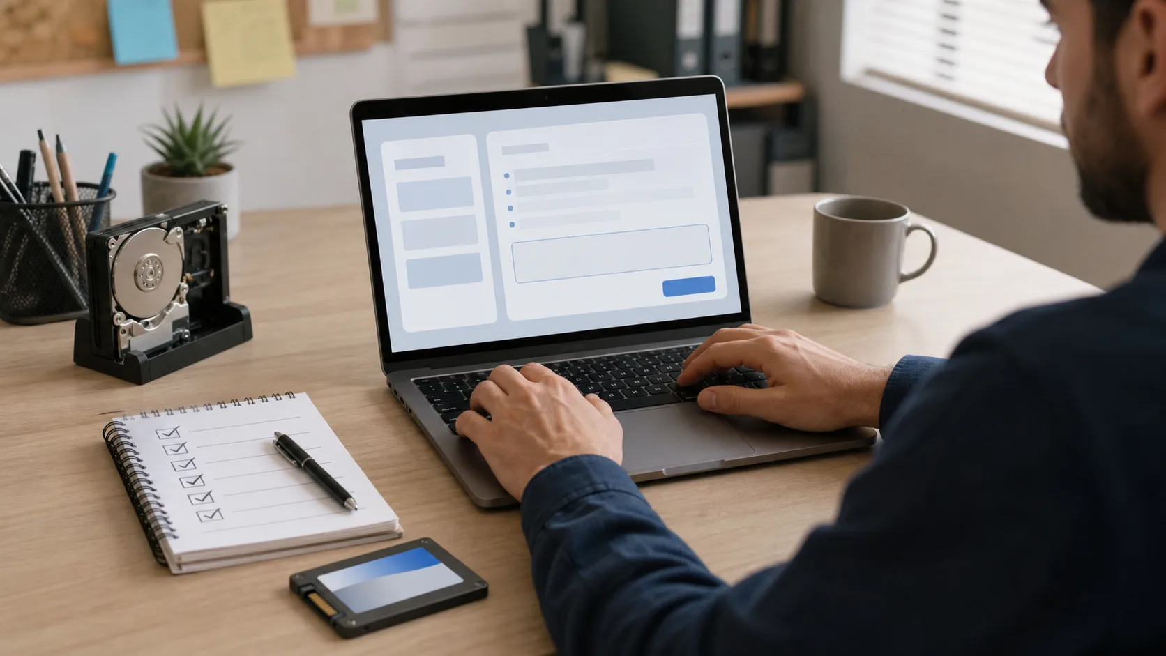 Technicien saisissant un rapport de bug SSD sur un ordinateur portable avec checklist de vérification