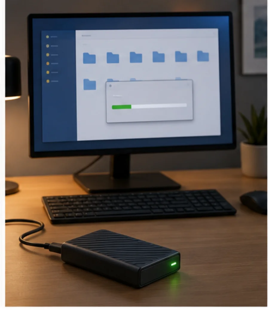 Station de travail stable avec copie modérée de fichiers et SSD externe